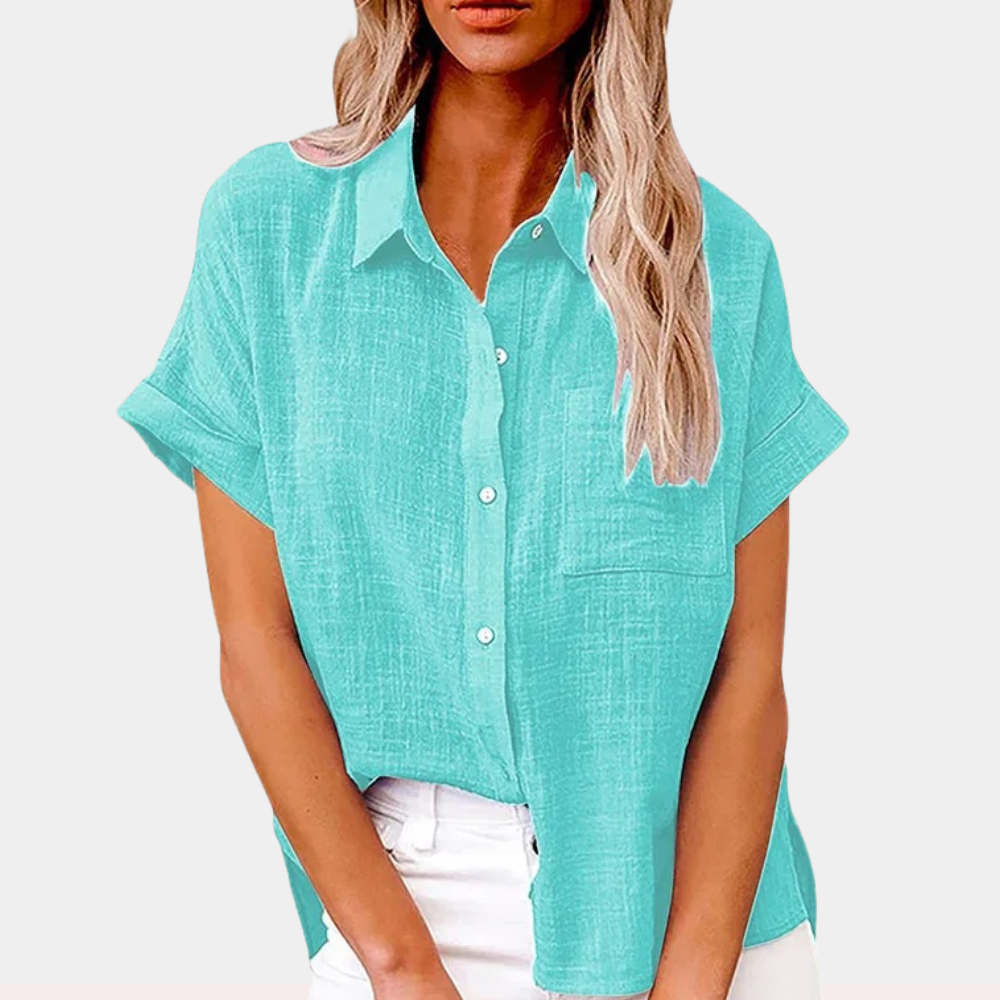 Chemise Boutonnée Femme - Manches Courtes, Coupe Décontractée-Shirts & Tops-Belle Rose Fashion-Bleu Clair-S-Bellerose Fashion