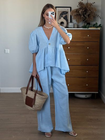 Ensemble Lin Chic – Haut Col V & Pantalon Large