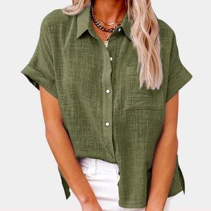 Chemise Boutonnée Femme - Manches Courtes, Coupe Décontractée-Shirts & Tops-Belle Rose Fashion-Vert-S-Bellerose Fashion