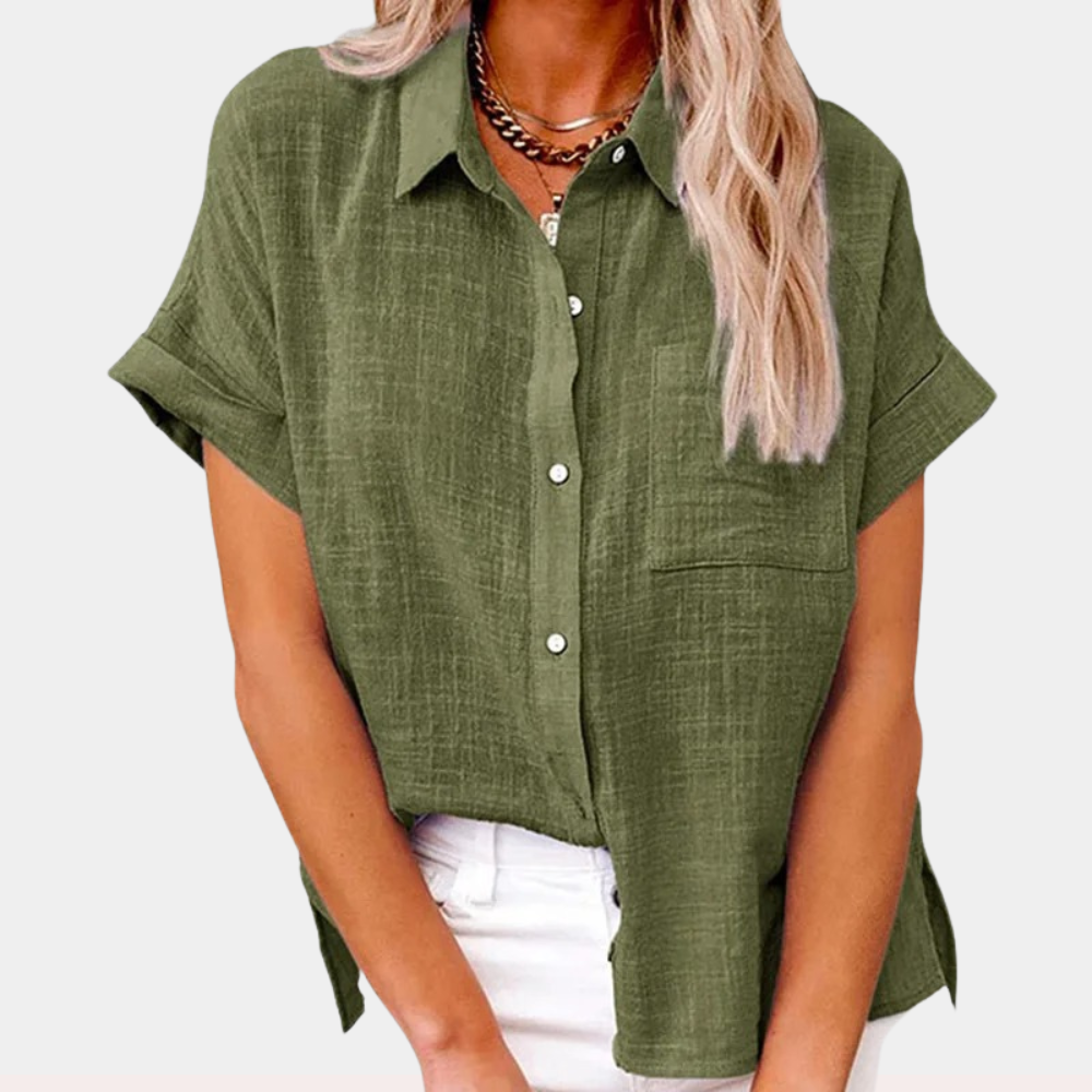Chemise Boutonnée Femme - Manches Courtes, Coupe Décontractée-Shirts & Tops-Belle Rose Fashion-Vert-S-Bellerose Fashion