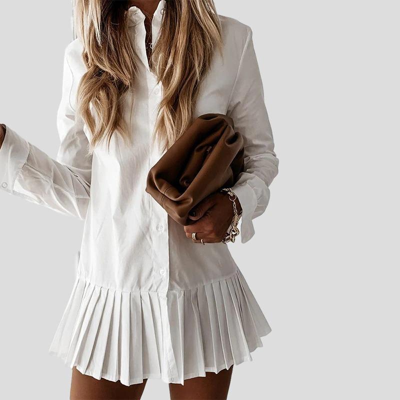 Robe Chemise Plissée Femme - Manches Longues, Style Classique-Old Money Style-Belle Rose Fashion-Blanc-S-Bellerose Fashion