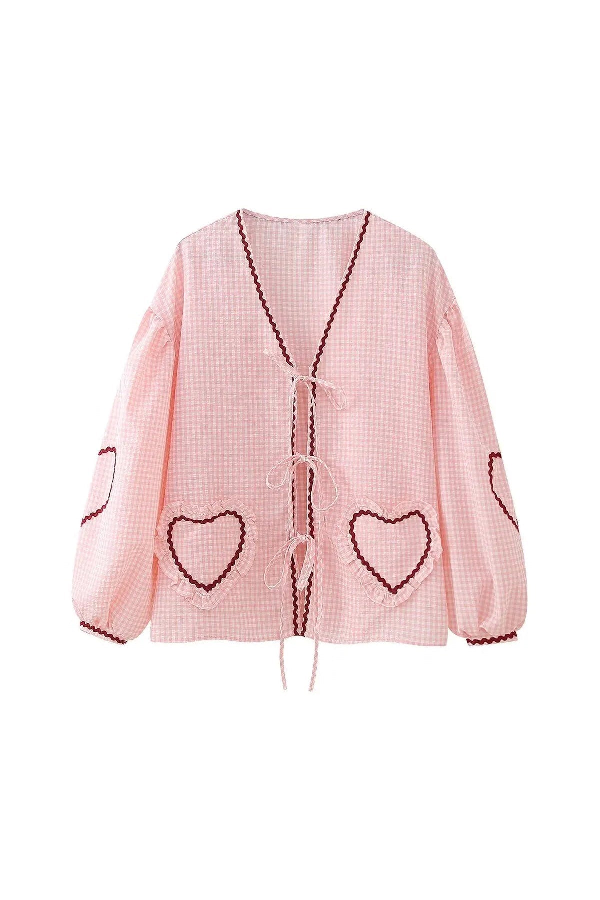 Chemisier Femme Gingham – Manches Longues, Poches Cœur, Nœud Papillon, Bordure Rouge-83307-44fea038-c94b-4511-85d5-4330bcb914c1