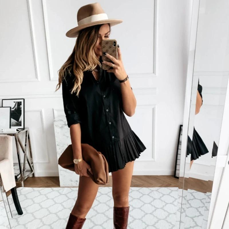 Robe Chemise Plissée Femme - Manches Longues, Style Classique-Old Money Style-Belle Rose Fashion-Bellerose Fashion