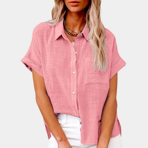 Chemise Boutonnée Femme - Manches Courtes, Coupe Décontractée-Shirts & Tops-Belle Rose Fashion-Rose-S-Bellerose Fashion
