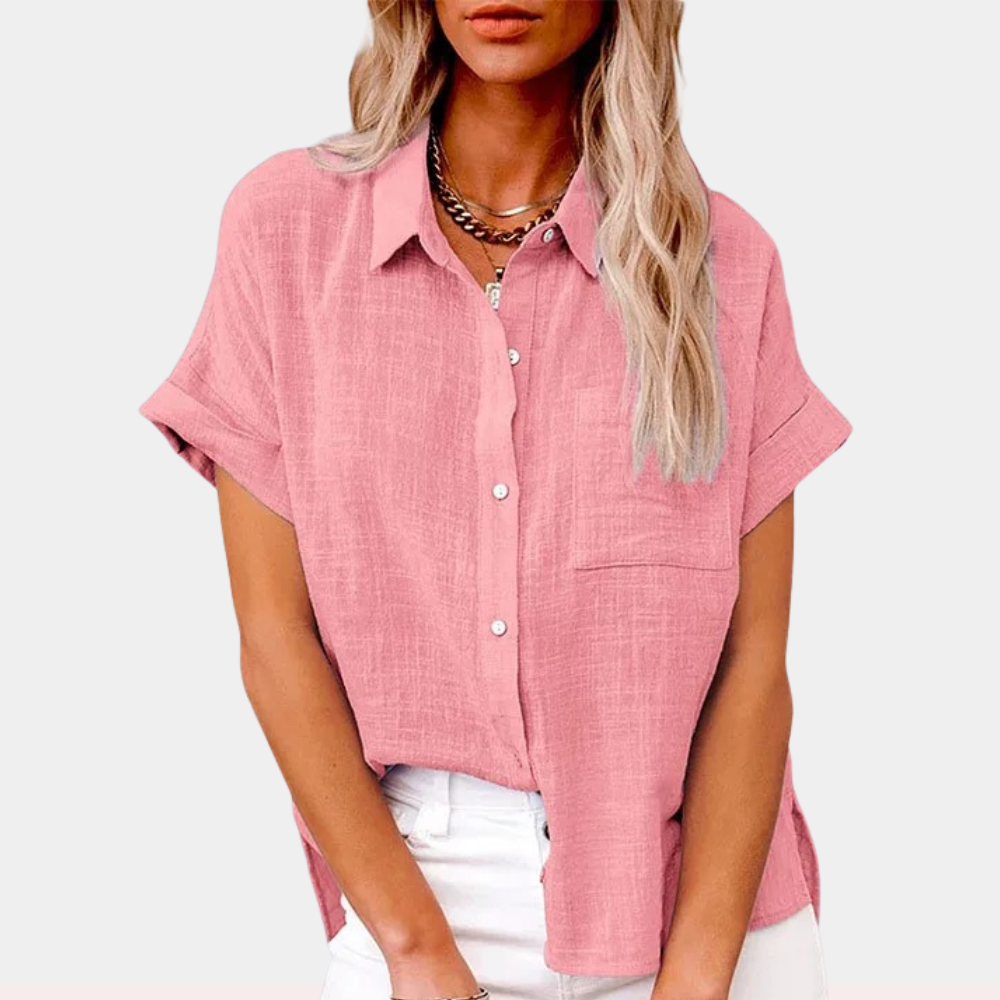 Chemise Boutonnée Femme - Manches Courtes, Coupe Décontractée-Shirts & Tops-Belle Rose Fashion-Rose-S-Bellerose Fashion