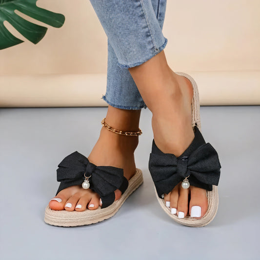 Sandales Claquettes Femme – Nœud Décoratif, Semelle Corde, Style Décontracté-60191-370f2cae-2171-4241-ac35-0100cf2d0c08