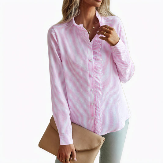 Blouse Boutonnée Femme - Volants, Manches Longues, Coupe Décontractée-Blouse-Belle Rose Fashion-Rose-XS-Bellerose Fashion
