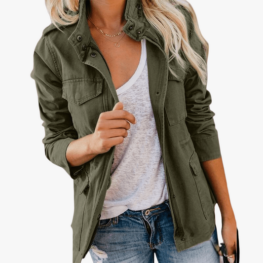 Veste légère militaire avec poches et zip-Women Jackets-Belle Rose Fashion-Vert-S-Bellerose Fashion