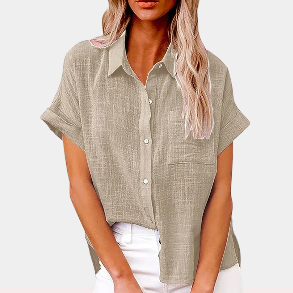 Chemise Boutonnée Femme - Manches Courtes, Coupe Décontractée-Shirts & Tops-Belle Rose Fashion-Kaki-S-Bellerose Fashion