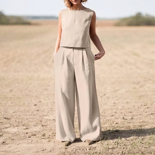 Ensemble Femme Top Sans Manches Pantalon Large Taille Haute-Outfit Women-Belle Rose Fashion-Beige-S-Bellerose Fashion