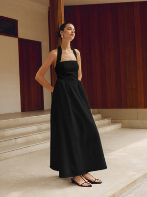 Robe Halter Femme - Coupe A-Line, Longueur Maxi/Midi-Old Money Style-Belle Rose Fashion-Noir-S-Bellerose Fashion