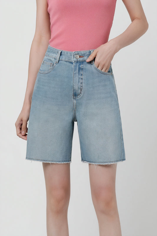 Short en Jean Délavé Coupe Droite - Style Décontracté, Ourlet Brut-shorts-Belle Rose Fashion-Bleu-26-Bellerose Fashion