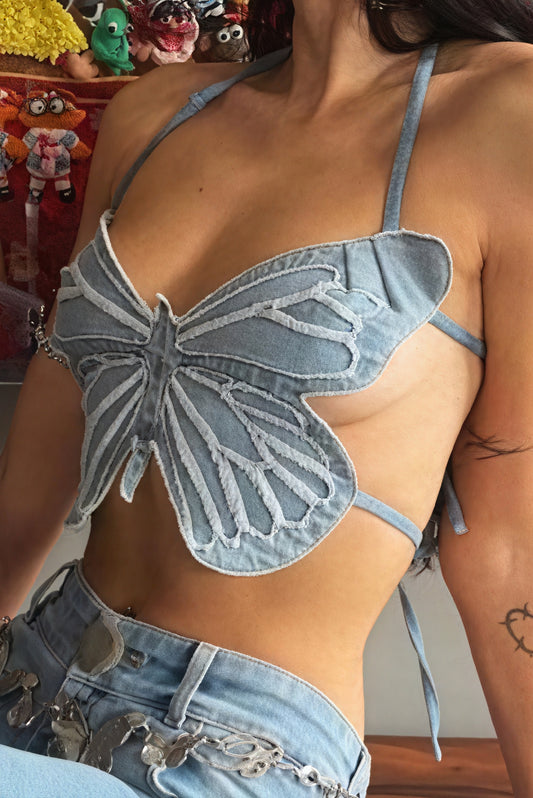 Haut Dos Nu Papillon Texturé - Bretelles Ajustables, Design Unique-Crop Tops-Belle Rose Fashion-Bleu-F-Bellerose Fashion