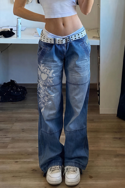 Jean Baggy Femme, Coupe Large, Motifs Floraux, Taille Haute-Pants-Belle Rose Fashion-Bleu-S-Bellerose Fashion