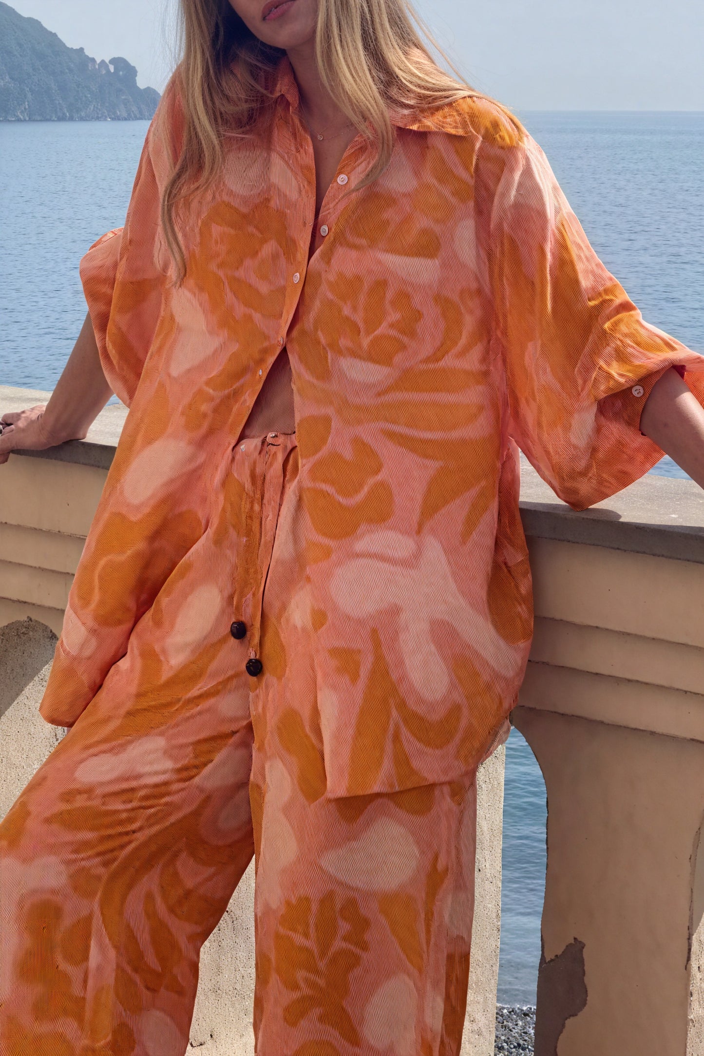 Ensemble Pyjama Femme Bohème Chic - Pantalon Large, Chemise Boutonnée-Sets-Belle Rose Fashion-Orange-S-Bellerose Fashion
