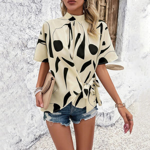 Haut Femme Cache-Cœur Imprimé Abstrait, Manches Courtes, Taille Ajustable-Shirts & Tops-Belle Rose Fashion-Abricot-S-Bellerose Fashion