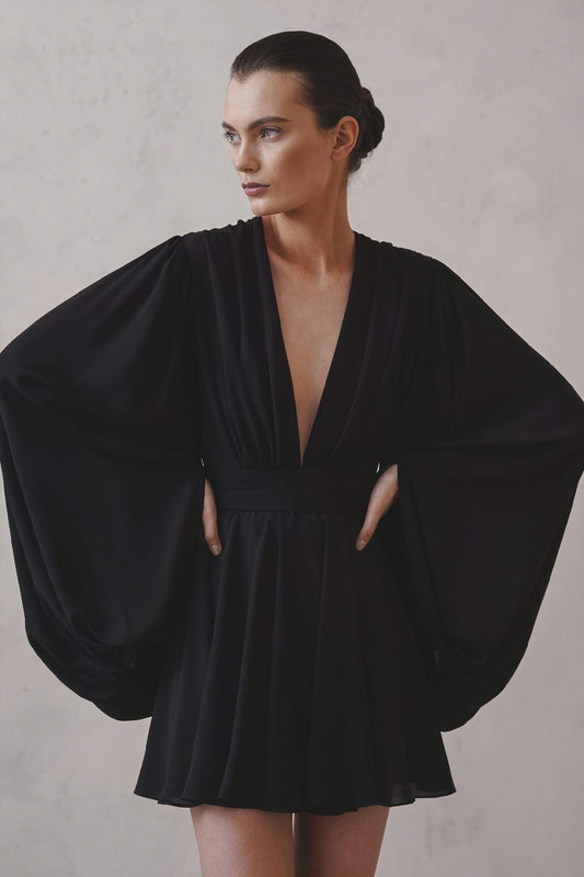Robe Fluide Manches Ballons, Encolure V, Taille Définie-Dresses-Belle Rose Fashion-Noir-S-Bellerose Fashion