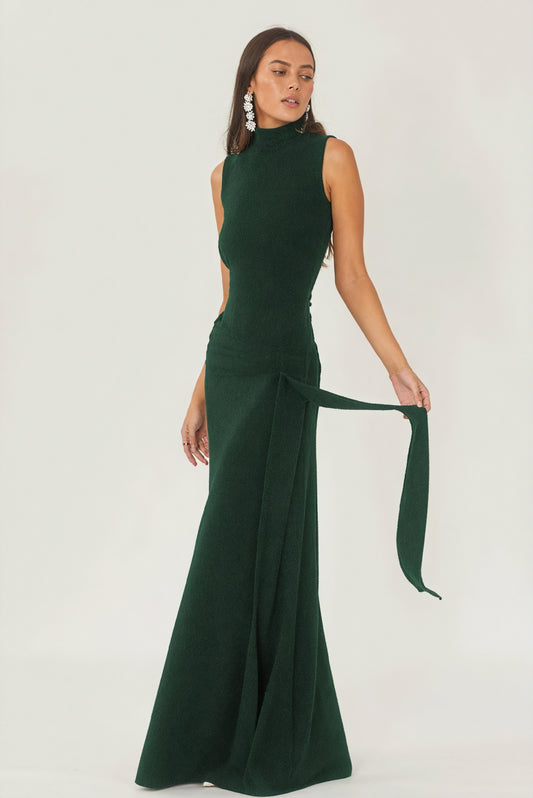 Robe Longue Femme - Col Montant, Coupe Cintrée, Détail Fluide-Maxi Dresses-Belle Rose Fashion-Bellerose Fashion