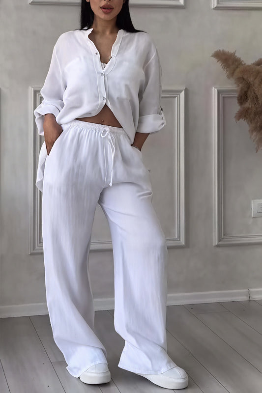 Ensemble Coordonné Chemise et Pantalon Ample – Confort et Style-Outfit Sets-Belle Rose Fashion-Blanc-S-Bellerose Fashion