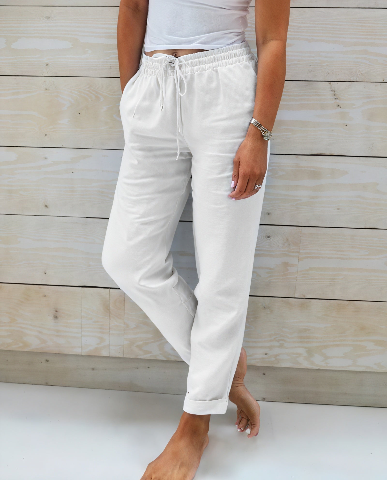 Pantalon Coupe Décontractée Taille Cordon Poches Latérales-Pants-Belle Rose Fashion-Blanc-S-Bellerose Fashion