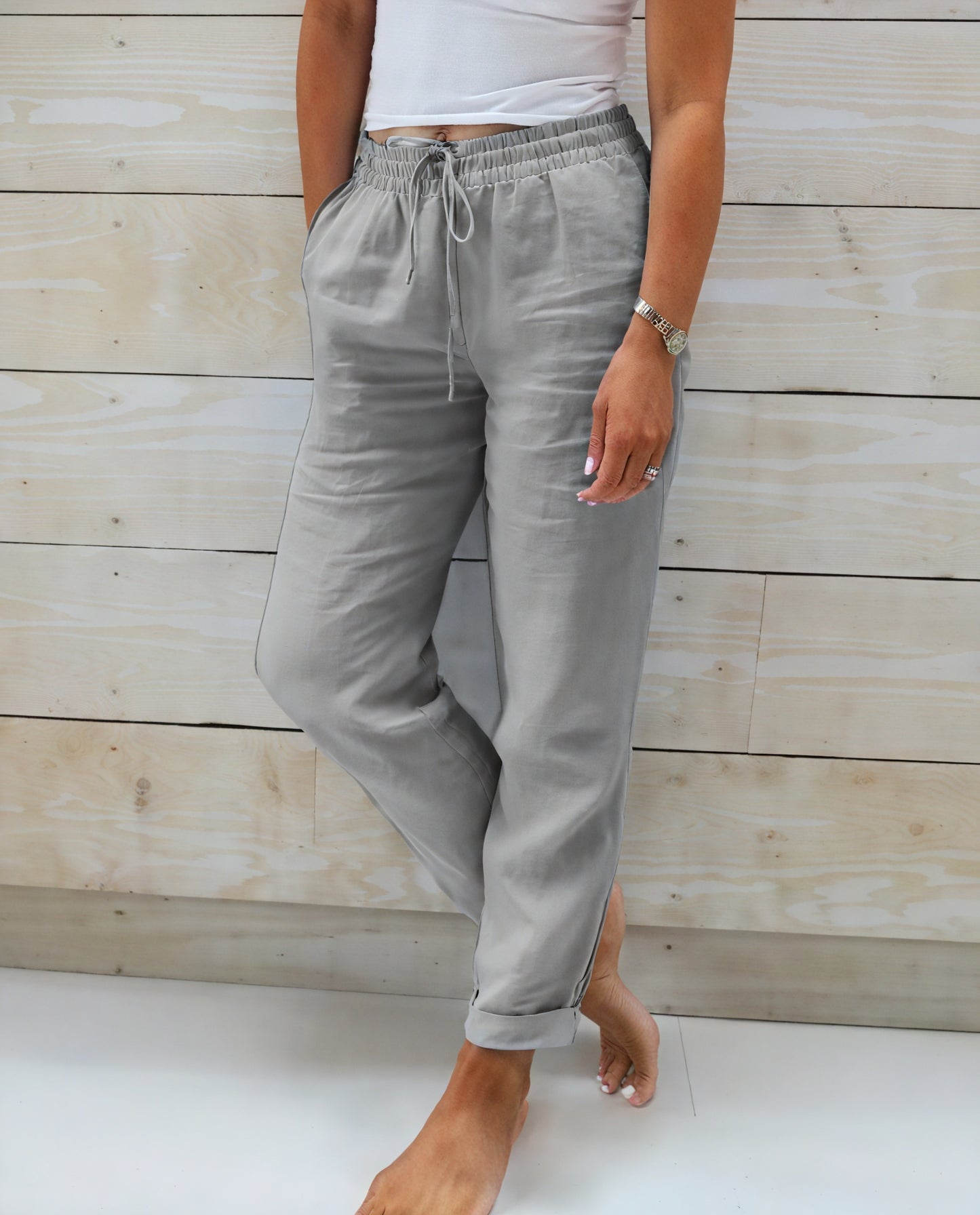 Pantalon Coupe Décontractée Taille Cordon Poches Latérales-Pants-Belle Rose Fashion-Gris-S-Bellerose Fashion