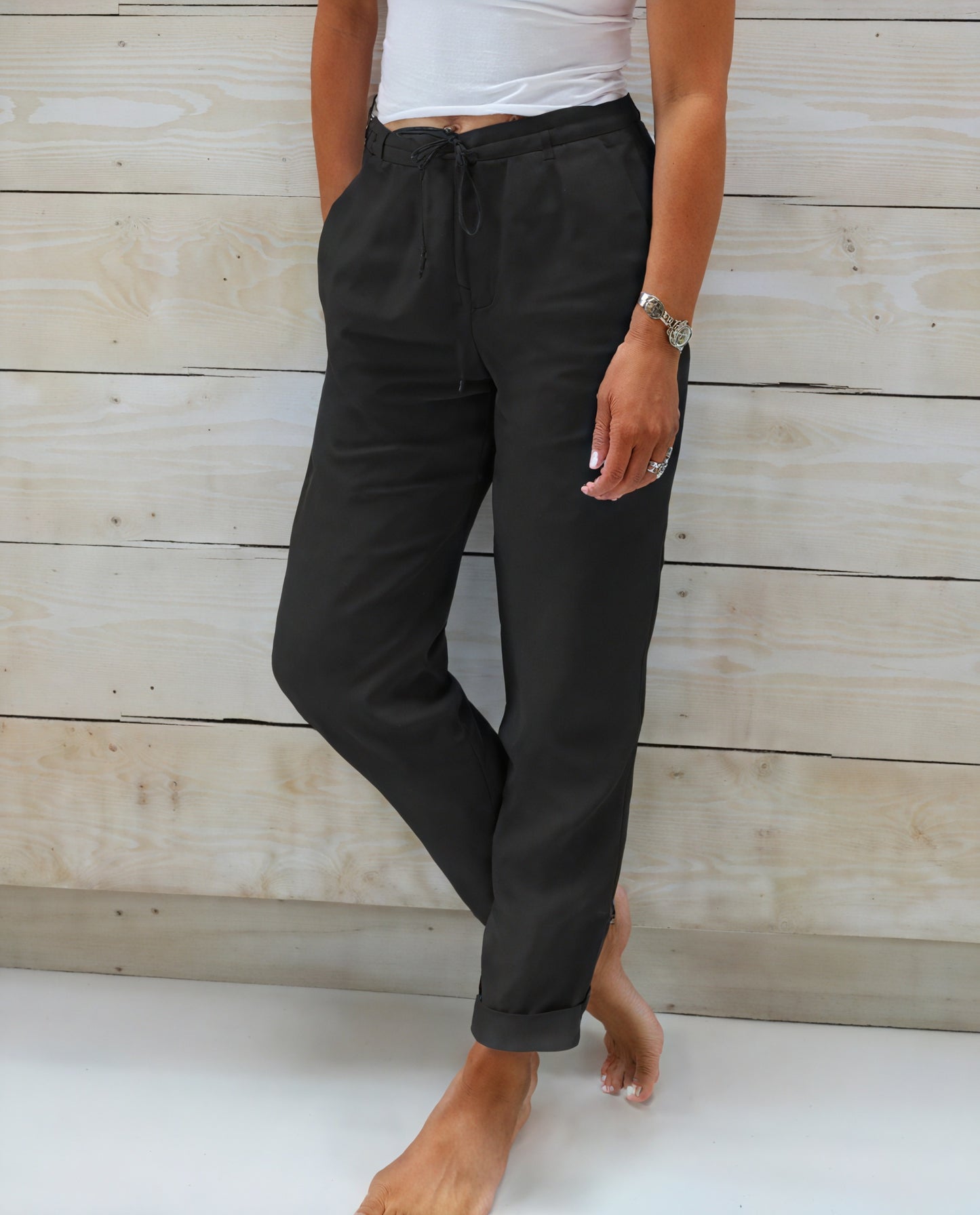 Pantalon Coupe Décontractée Taille Cordon Poches Latérales-Pants-Belle Rose Fashion-Noir-S-Bellerose Fashion