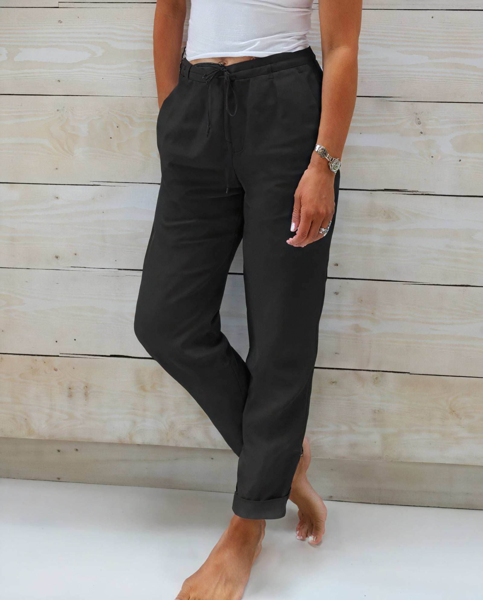 Pantalon Coupe Décontractée Taille Cordon Poches Latérales-Pants-Belle Rose Fashion-Noir-S-Bellerose Fashion