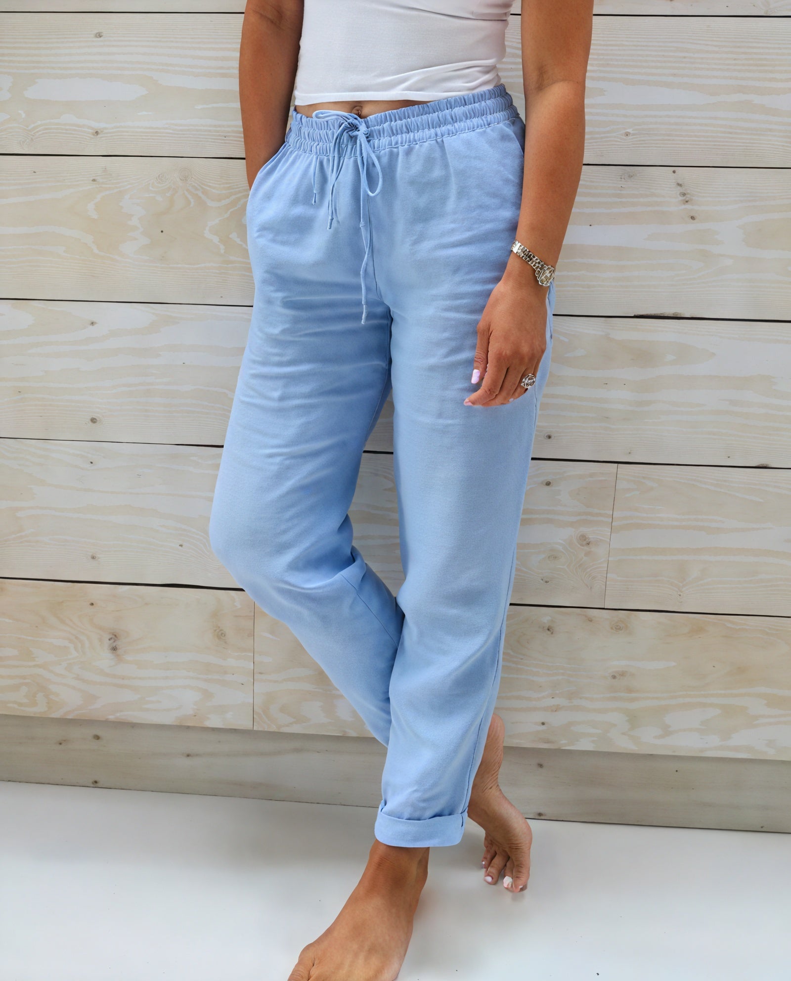 Pantalon Coupe Décontractée Taille Cordon Poches Latérales-Pants-Belle Rose Fashion-Bleu-S-Bellerose Fashion