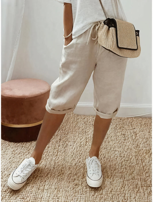 [Produit] Coupe Décontractée Taille Cordon Poches Latérales-Pants-Belle Rose Fashion-Beige-S-Bellerose Fashion
