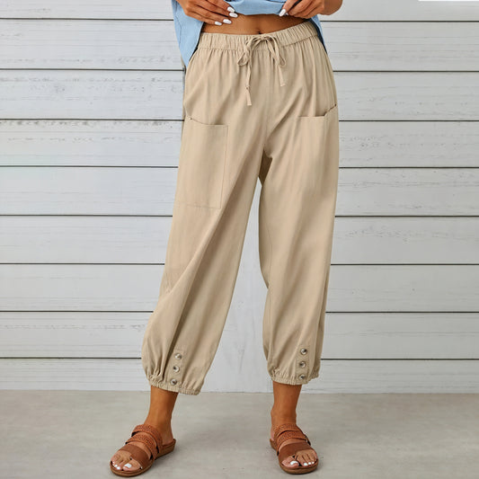 Pantalon Coupe Décontractée Taille Ajustable Détails Chevilles-Pants-Belle Rose Fashion-Khaki-S-Bellerose Fashion