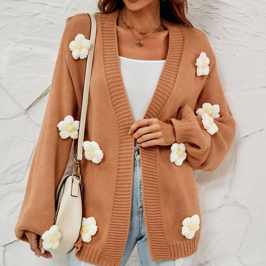 Cardigan Femme Bohème Fleurs Manches Longues V-encolure-Shirts & Tops-Belle Rose Fashion-S-Bellerose Fashion