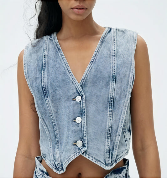 Gilet en Denim Structuré - Coupe Corset, Sans Manches, V-encolure-Shirts & Tops-Belle Rose Fashion-Bellerose Fashion