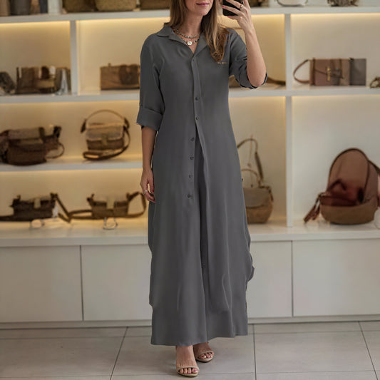 Robe Longue Boutonnée Manches 3/4 Style Chemise-Belle Rose Fashion-Gris-S-Bellerose Fashion