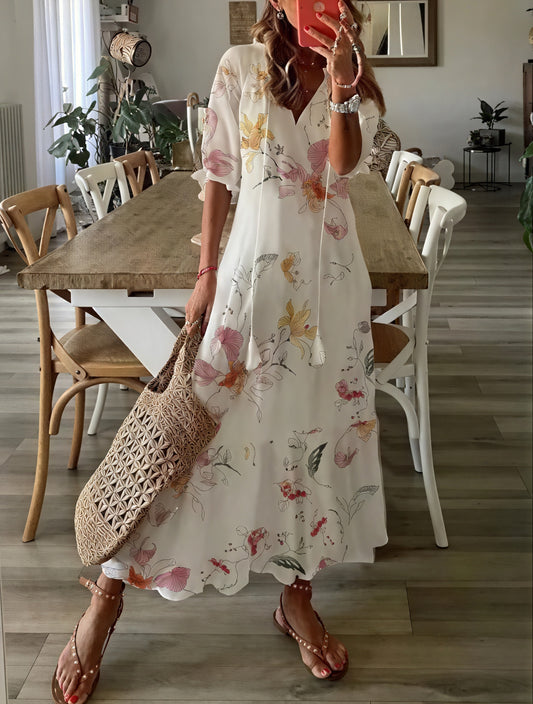 Robe Bohème Imprimée - Coupe Midi/Maxi, Détails Volants, Encolure V-Dresses-Belle Rose Fashion-Beige-S-Bellerose Fashion