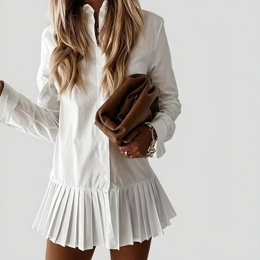 Robe Chemise Plissée Élégante – Silhouette Moderne et Sophistiquée-Belle Rose Fashion-Blanc-S-Bellerose Fashion