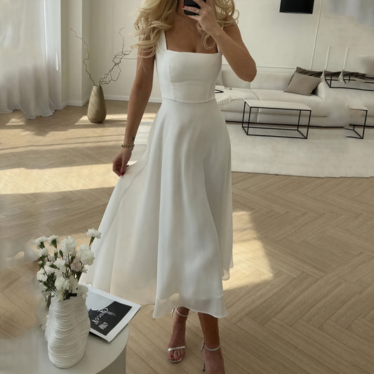 Robe Midi Élégante Coupe Évasée Bretelles Larges-Belle Rose Fashion-Blanc-S-Bellerose Fashion