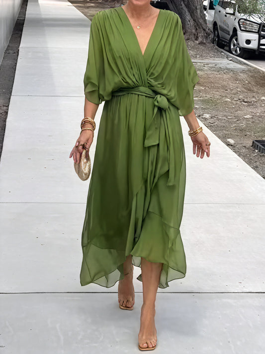 Robe Midi Fluide Coupe Enveloppante Décolleté V Manches Amples-Belle Rose Fashion-Vert-XS-Bellerose Fashion
