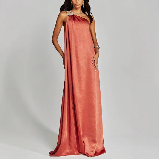 Robe Longue Asymétrique avec Ornement d'Épaule-Dresses-Belle Rose Fashion-Chocolat-S-Bellerose Fashion