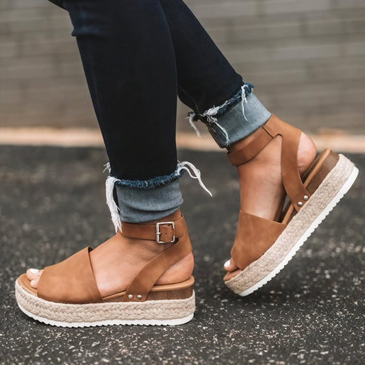 Sandales Plateformes Espadrille Femme avec Bride Cheville et Bout Ouvert pour Confort Estival et Élégance Décontractée-Belle Rose Fashion-Marron-2-Bellerose Fashion