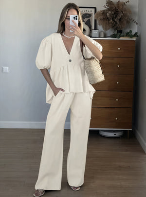 Belle Rose Fashion Ensemble Deux Pièces Femme Lin – Haut Col V Manches Bouffantes & Pantalon Large-83274-fe2346f5-5339-486d-bede-aa530dbdcdb2