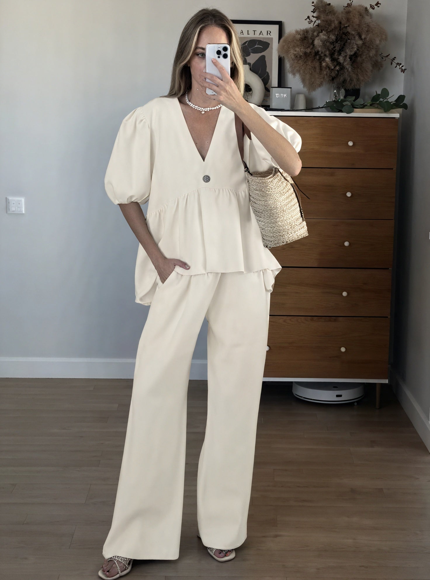 Belle Rose Fashion Ensemble Deux Pièces Femme Lin – Haut Col V Manches Bouffantes & Pantalon Large-83274-fe2346f5-5339-486d-bede-aa530dbdcdb2
