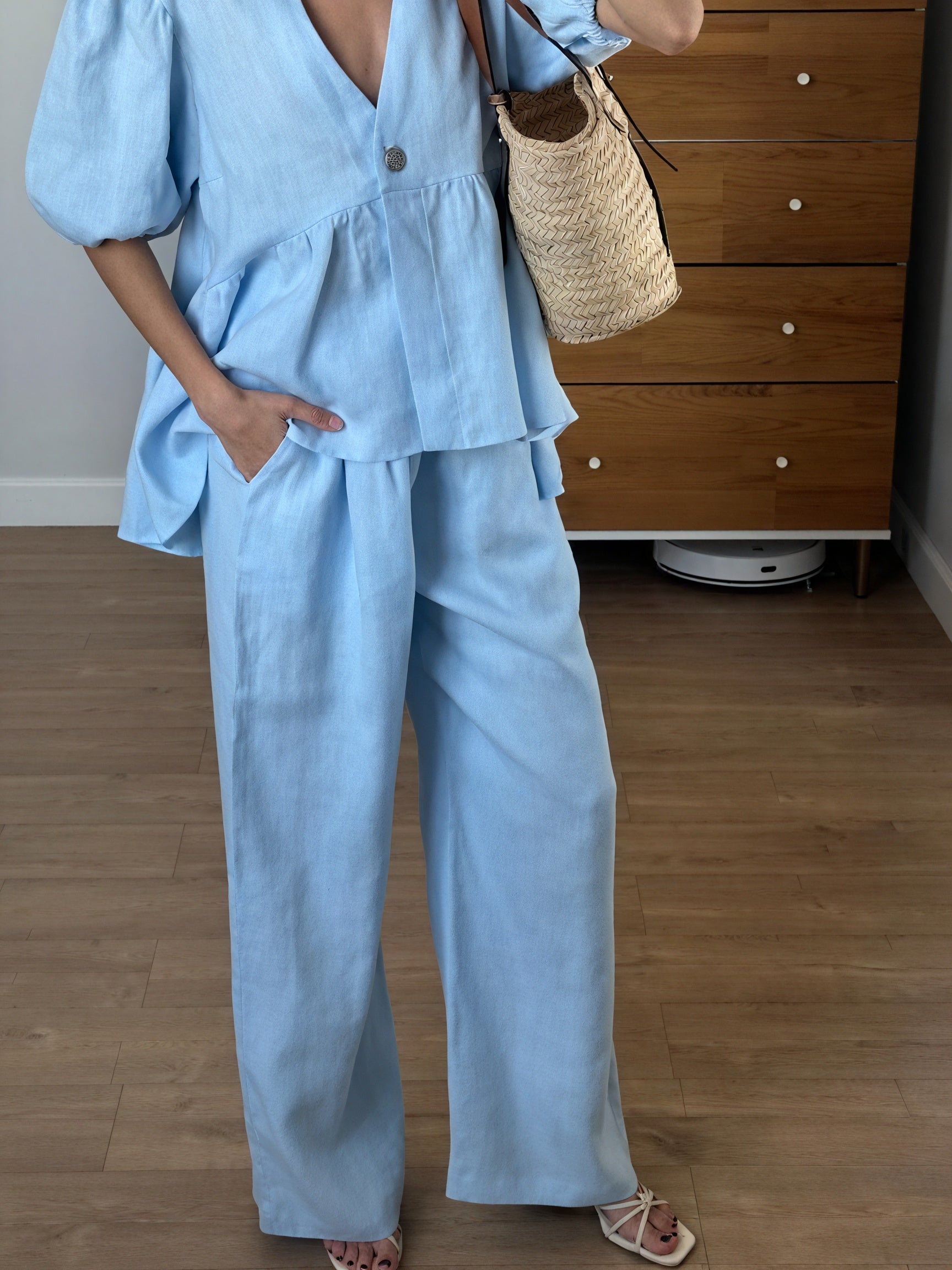 Belle Rose Fashion Ensemble Deux Pièces Femme Lin – Haut Col V Manches Bouffantes & Pantalon Large-83274-554f8dfe-babb-4d72-a6ab-1ab05533a1fb