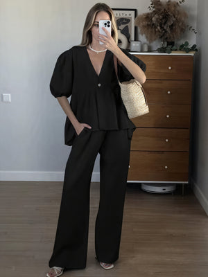 Belle Rose Fashion Ensemble Deux Pièces Femme Lin – Haut Col V Manches Bouffantes & Pantalon Large-83274-36ef262c-df96-42be-9ed8-d7bfc32f7290
