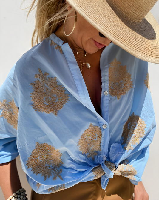 Femme Chemise Boutonnée Broderie Fleurie Lien à Nouer Décontractée-83310-e4b975cb-5693-4784-9918-4e6c180670ad