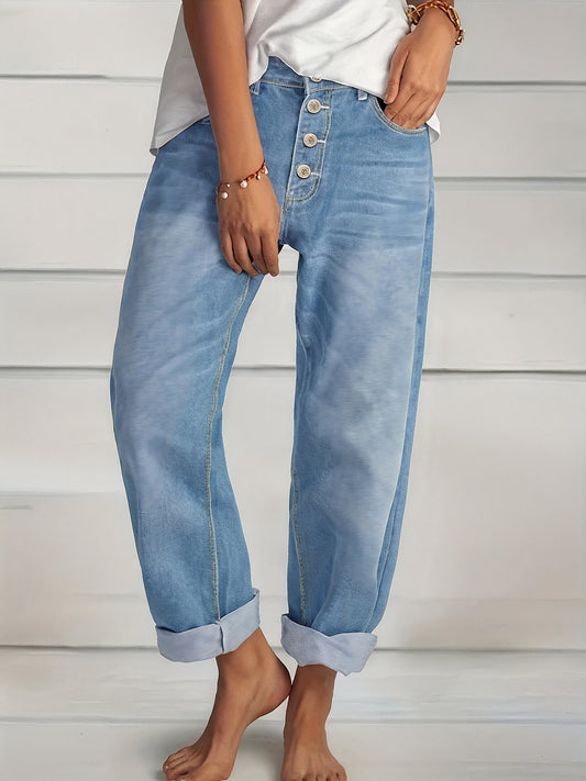 Femme Jean Coupe Ample Délavé – Braguette Boutons, Ourlet Retroussé-83359-b5b290b7-77f6-44b3-9373-59cee133f370