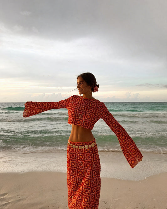 Ensemble Deux Pièces Femme – Crochet Bicolore, Haut Court Manches Longues, Taille Haute, Style Bohème, Belle Rose Fashion-83575-09c8f78b-d32b-4f59-9e9a-70de66d66c28