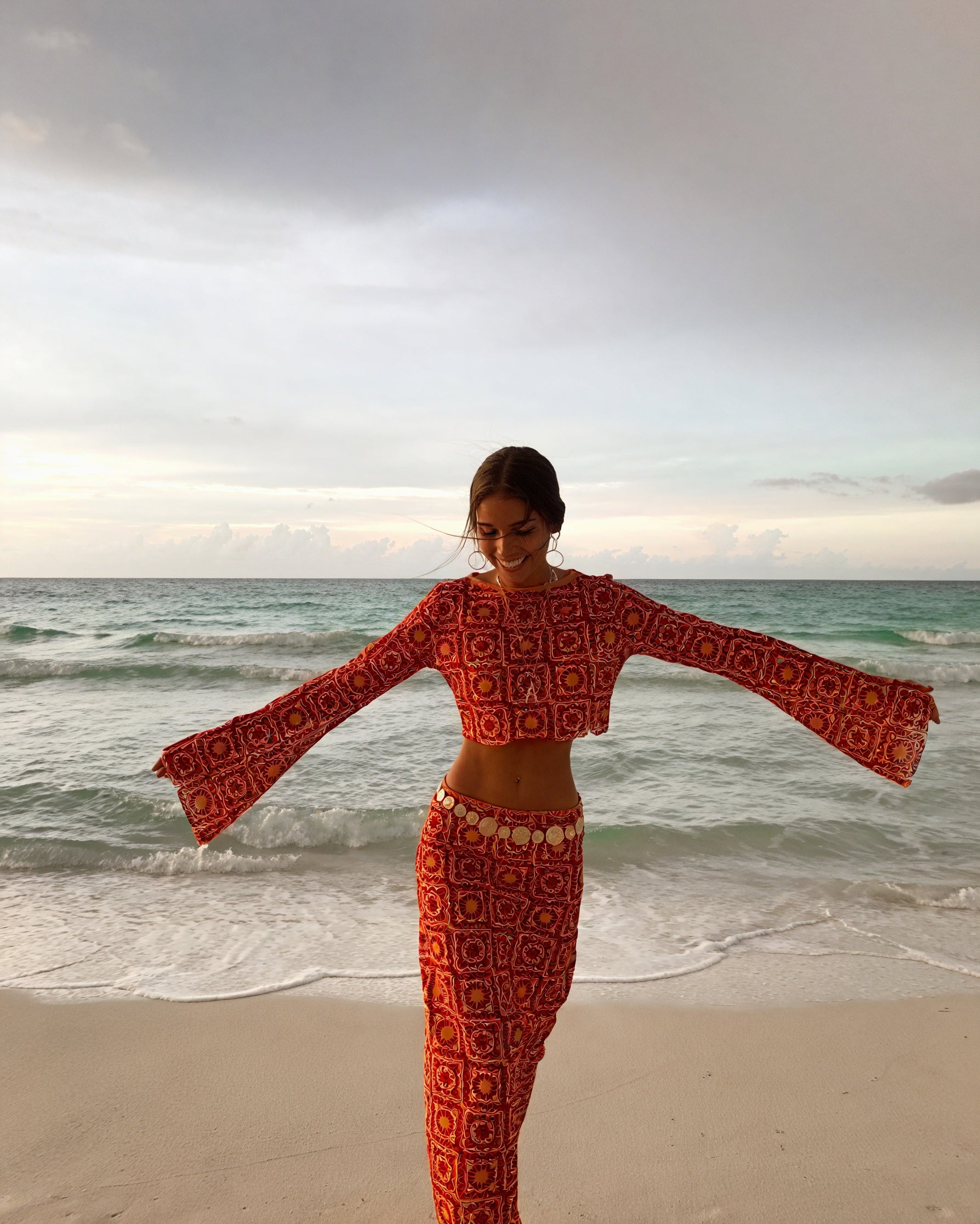 Ensemble Deux Pièces Femme – Crochet Bicolore, Haut Court Manches Longues, Taille Haute, Style Bohème, Belle Rose Fashion-83575-c5ef93ce-2367-41e4-898c-50b3960a4224