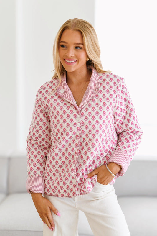 Blouse Boutonnée Femme - Motif Floral, Manches Longues, Coupe Décontractée-Jackets-Belle Rose Fashion-Rose-S-Bellerose Fashion