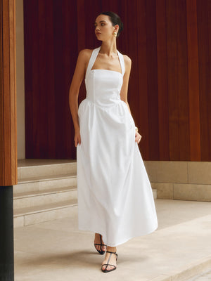 Robe Halter Femme - Coupe A-Line, Longueur Maxi/Midi-Old Money Style-Belle Rose Fashion-Blanc-S-Bellerose Fashion