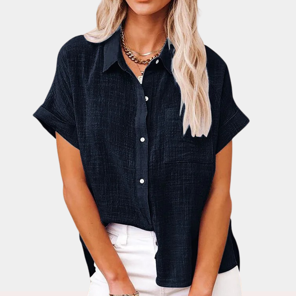 Chemise Boutonnée Femme - Manches Courtes, Coupe Décontractée-Shirts & Tops-Belle Rose Fashion-Noir-S-Bellerose Fashion